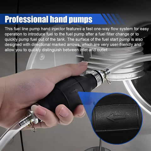 Heavy Duty 8mm Manual Primer Bulb Fuel Transfer Pump Works Like A Champ For Gas And Diesel Handles Kerosene Or Water Pulls Clean Each Time Zero Sweat Fits Cars Boats Motorcycles shown in hand, highlighting one-way flow and directional markings.