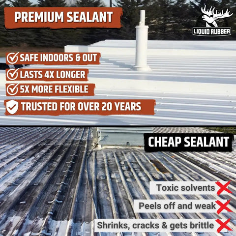 Comparison of premium sealant and cheap sealant effectiveness on metal roofs, showcasing durability and flexibility differences.