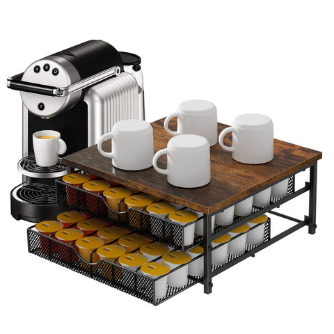 2 Tier Coffee Pod Organizer With Sliding Baskets Holds 72 K Cup Pods Built Tough Wood Top With Metal Frame Space Saving And Stackable