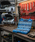 Pro Grade Shock Absorber Strut Wrench Set With Piston Rod Holding Tools Comprehensive Strut Nut Socket Kit CR Build Labeled Pieces For Pro Workshops Easy Suspension Service And Parts Replacement open blue case in auto workshop