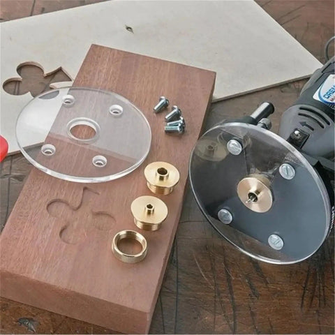 Premium Pure Copper Router Bushing Guide Set Dead Nuts Precise For Fine Woodworking components on wood, including brass bushings and screws.