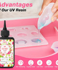 All In One UV Resin Kit With Light And Molds 300g Crystal Clear Hard UV Curing Premixed Resin pouring into a mold with glitter