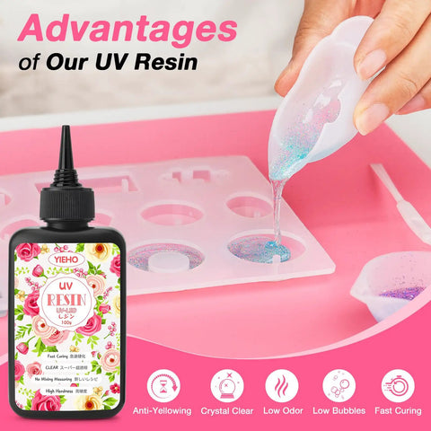 All In One UV Resin Kit With Light And Molds 300g Crystal Clear Hard UV Curing Premixed Resin pouring into a mold with glitter