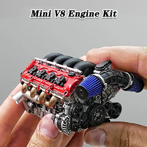 Close-up of Dope Mini V8 Engine Kit That Actually Runs For Adults Realistic RC Burnin Engine Model held in hands
