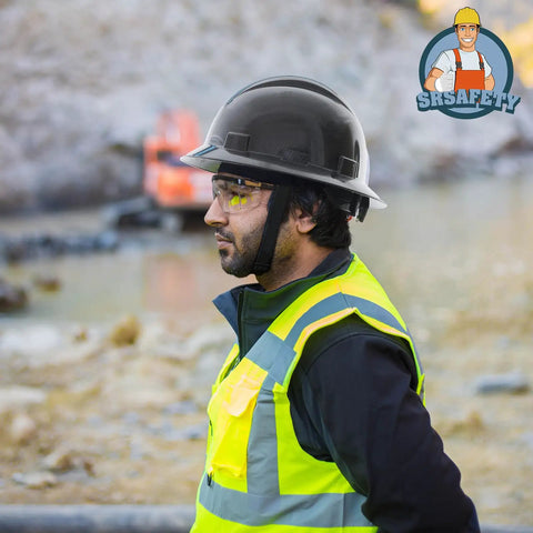 Man wearing Full Brim Hard Hat With Carbon Fiber Design, 6 Point Adjustable Ratchet Suspension, OSHA Approved ANSI Z89.1 Type I Class C