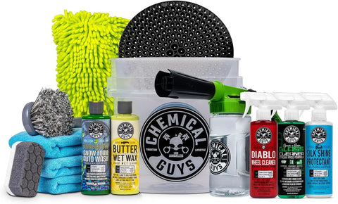 14 Piece Car Wash Arsenal Builder Kit with Foam Blaster, wash bucket, towels, applicators, and 16 oz soaps, waxes, cleaners