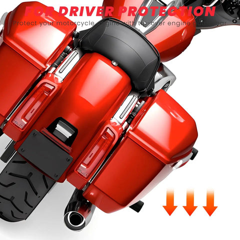 Top view of Badass Saddlebag Guard Crash Bar For Harley Touring Motorcycles Street Glide, heavy gauge steel, mounted on red motorcycle.