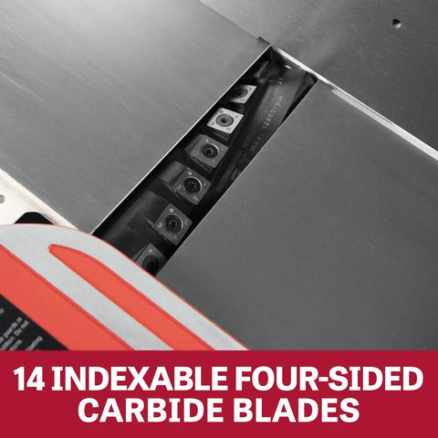 Heavy Six Inch Benchtop Jointer Delivering Smooth As Butter Finish Features Fourteen Quick Change Carbide Blades close-up view.