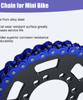 Close-up of 35 Chain With Chain Breaker For Mini Bikes And Go Karts 140 Links Heavy Duty with blue alloy steel gear