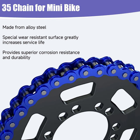 Close-up of 35 Chain With Chain Breaker For Mini Bikes And Go Karts 140 Links Heavy Duty with blue alloy steel gear