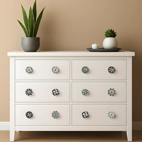 White dresser with Vintage Black And White Hand Painted Ceramic Cabinet Knobs Set Of 30 Pumpkin And Round Drawer Pulls