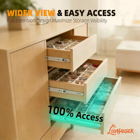 2 Pairs Soft Close Drawer Slides 10 Inch Heavy Duty Side Mount Full Extension Rails With Screws For Kitchen Cabinets 100Lb Capacity Anti Rust Long Lasting Silver Drawer Runners installed on open cabinet drawers