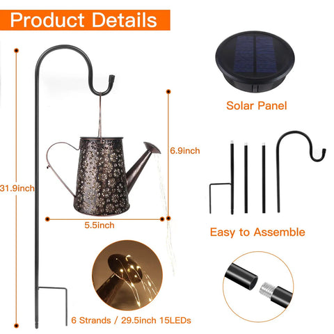 Product details showing Solar Watering Can With Lights For Outdoor Garden Decor Waterproof Hanging Lanterns With 90 LEDs On Copper String Lights Yard Porch Patio Pathway Vibe Includes 32 Inch Shepherd Hook Perfect Gift For Garden Lovers. Includes a shepherd hook and solar panel.