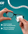 Lens wipes for eyeglasses front view: cleaning black glasses with a white wipe