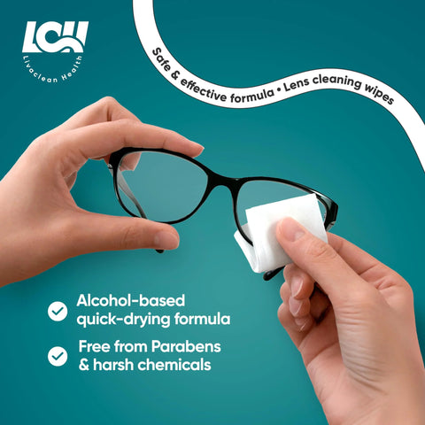 Lens wipes for eyeglasses front view: cleaning black glasses with a white wipe