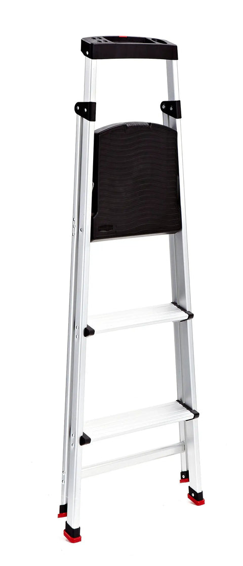 Three Step Aluminum Step Ladder With Built In Project Tray, 225 Pound Capacity, Lightweight Yet Durable, Auto Lock Safety, Grab And Go Ready To Use Right Out Of The Box, Portable Home Or Garage Ladder For Tasks, front view
