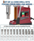 Heavy Duty Portable Magnetic Drill Press With 11 Coring Bits And Adapter, 1.57 Inch Bore, 1450 Watt Motor close-up of drill bits and control panel.