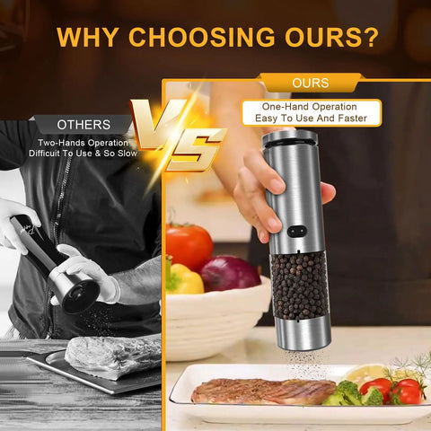 Electric Salt And Pepper Grinder Set USB Rechargeable With External Coarseness Control shown in use with steak