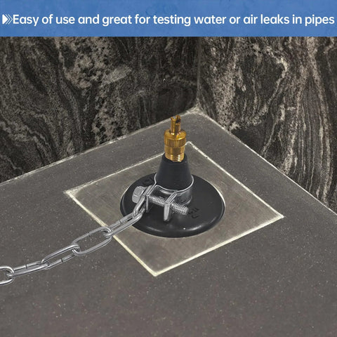 2 Pack Rubber Test Ball Pipe Plug for sewer drain and bathroom leak detection shown installed with chain and pull ring