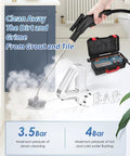 Heavy Duty High Pressure Steam Cleaner 1700W Portable Steamer Grime Busting For Grout Tile Kitchen Bathroom And Car Detailing Tankless Design Commercial Grade For Home Use With Over Four Hours Runtime being used on kitchen grout with tools visible.