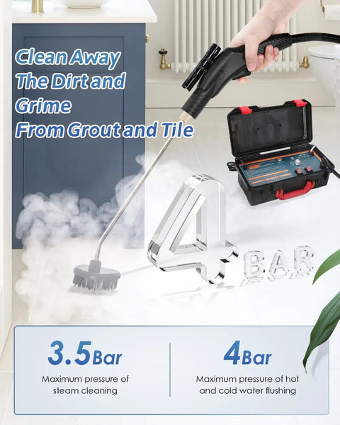Heavy Duty High Pressure Steam Cleaner 1700W Portable Steamer Grime Busting For Grout Tile Kitchen Bathroom And Car Detailing Tankless Design Commercial Grade For Home Use With Over Four Hours Runtime being used on kitchen grout with tools visible.