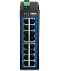 Front view of Industrial 16 Port Gigabit DIN Rail Switch With 32Gbps Capacity NDAA And TAA Compliant IP50 Rated LED Indicators
