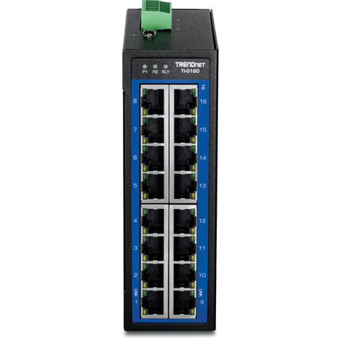 Front view of Industrial 16 Port Gigabit DIN Rail Switch With 32Gbps Capacity NDAA And TAA Compliant IP50 Rated LED Indicators