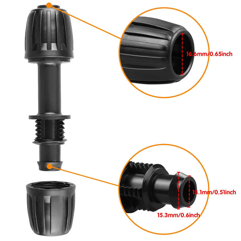 Half Inch Drip Irrigation Tubing Couplings Kit showing black barbed connectors with measurements 16mm OD, 15.3mm ID.