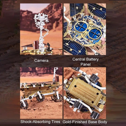 Space Rover 281+ Piece STEM Mechanical Explorer Puzzle Kit For Adults And Gearheads, DIY Aerospace Model For Home Desk Display, Educational Building Project Gift With Realistic Wheels, Antennas, And Discovery Detail. Gold-finished rover model with camera, battery panel, and shock-absorbing tires