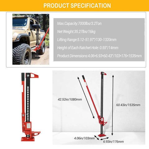 Heavy Duty Off Road Farm Jack 60 Inch 6600 Lbs All Fit Tall Utility Jack shown with product specifications and measurement details