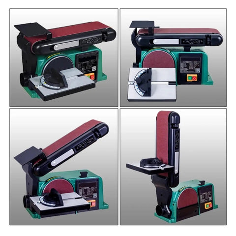 Heavy Duty 550W Electric Belt Sander And Polishing Machine With Adjustable Angle Table, showcasing its compact design and adjustable components.