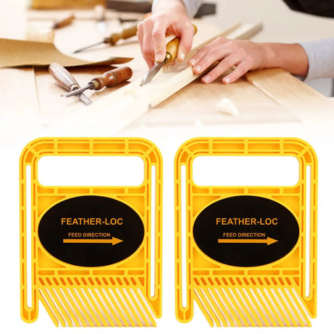 Kickback Buster 2 Pack Adjustable Featherboards For Table Saws Router Tables And Band Saw Fences Keep Your Cuts Hella Smooth With Rock Solid Feeder Guides Yellow displayed with hand using tools.
