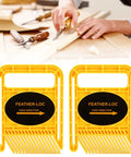 Extension Featherboards For Table Saw And Router Table Kickback Eraser That Grips Your Lumber Dead Solid With Adjustable Plastic Slider For Flat Out Safe Woodworking Cuts Pack Of 2 Yellow shown with a hand guiding wood.
