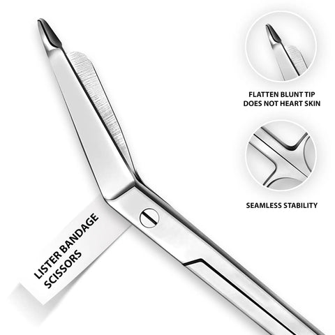 Close-up of a Lister Bandage Scissors from 18 Piece Dissection Kit With Carrying Case Pro Grade Stainless Steel Tools For Students, Teachers And Pros To Practice Techniques Dissect Anatomy Safely And Effectively.