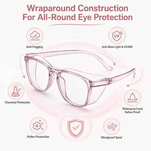 Womens Super Safe Glasses Anti Fog Scratch Proof Clear Lenses Side Shields Stylish Eye Protection For Nurses Labs Daily Grind Snazzy Goggles with wraparound pink frame.