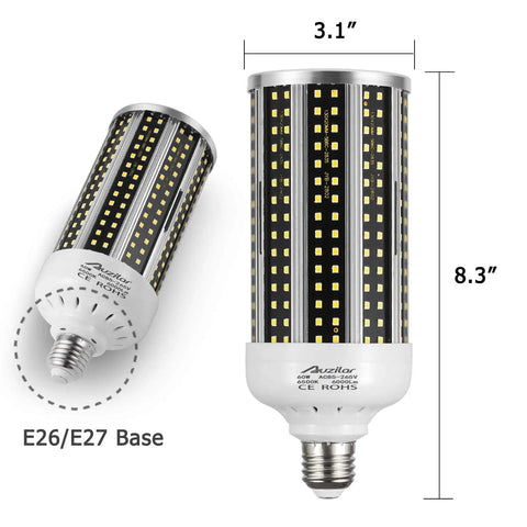 Two Pack 60W LED Corn Light Bulbs 6000 Lumens 6500K Daylight White E26 E27 Base, dimensions 8.3x3.1 inches