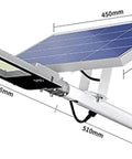 Badass Solar Security Flood Light With Remote Control And Dusk To Dawn Sensor showing size dimensions and solar panel angle.