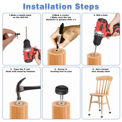 Installation guide for 12 Pack Adjustable Furniture Leveling Feet For Tables Chairs Cabinets And Desks Heavy Duty Screw On Levelers.