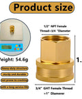 Solid Brass Garden Hose Adapter Set With Quick Swivel Double Female Fittings Three Quarter Inch GHT To One Half Inch NPT Female Leakproof Easy Hand Tighten Install Outdoor Watering, size diagram