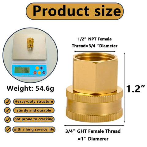 Solid Brass Garden Hose Adapter Set With Quick Swivel Double Female Fittings Three Quarter Inch GHT To One Half Inch NPT Female Leakproof Easy Hand Tighten Install Outdoor Watering, size diagram