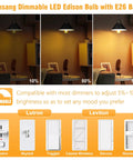 Dimmable Edison LED Bulbs 60W Equivalent E26 4000K Natural Daylight Vintage ST58 Filament Bulbs Clear Glass 700 Lm CRI 85 Plus No Flicker Easy Dimming From Five Percent To One Hundred Percent Six Pack Cozy Vibe with dimmers shown