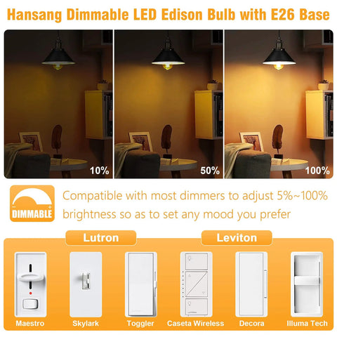 Dimmable Edison LED Bulbs 60W Equivalent E26 4000K Natural Daylight Vintage ST58 Filament Bulbs Clear Glass 700 Lm CRI 85 Plus No Flicker Easy Dimming From Five Percent To One Hundred Percent Six Pack Cozy Vibe with dimmers shown