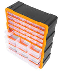 Wall Mount Cabinet Organizer With 39 Drawers And Removable Dividers, Doubles Capacity To 78 Compartments For Hardware, Craft Supplies, And Small Parts, DIY Friendly, Black And Orange Plastic Garage Storage System, 15 By 6.3 By 18.6 Inches, tilted view