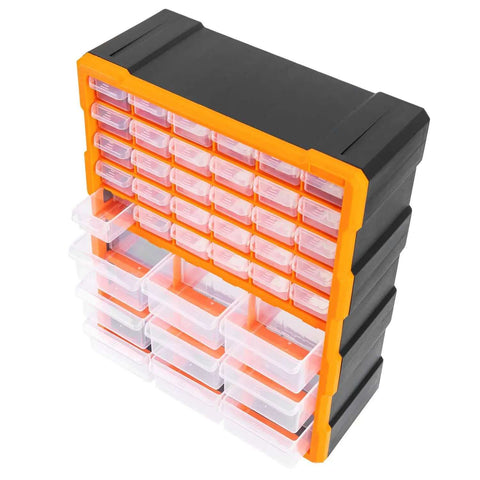 Wall Mount Cabinet Organizer With 39 Drawers And Removable Dividers, Doubles Capacity To 78 Compartments For Hardware, Craft Supplies, And Small Parts, DIY Friendly, Black And Orange Plastic Garage Storage System, 15 By 6.3 By 18.6 Inches, tilted view