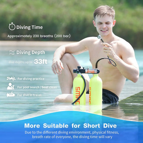 Man holding the S700MAX regulator connected to Twin 1.9L Scuba Tank Kit, 3.8L Portable Back-Mounted Dive Cylinder for shallow dives