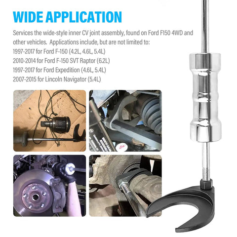 Inner CV Axle Puller Removal Tool with 63mm Fork Adapter for Front Wheel Drive Axles and Slide Hammers application guide.