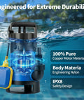 1.1Hp Submersible Sump Pump Handles Crunch Time With Ease Pushing 4600 GPH Through IPX8 Waterproof Gear with copper motor.