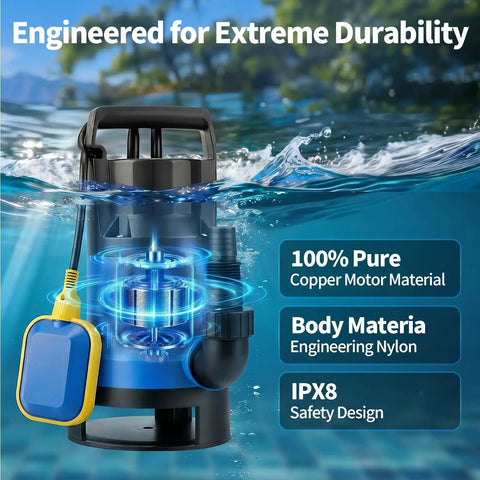 1.1Hp Submersible Sump Pump Handles Crunch Time With Ease Pushing 4600 GPH Through IPX8 Waterproof Gear with copper motor.