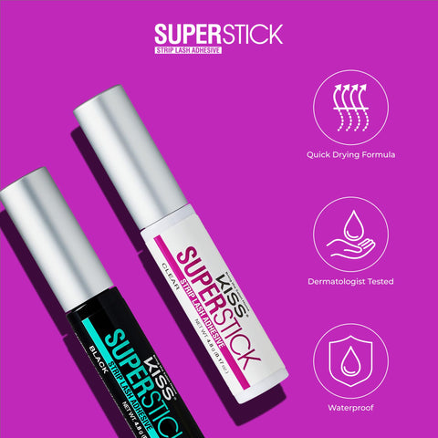 5 Day Extended Wear Strip Lash Adhesive With Brush Applicator, Quick Dry Lash Glue, Clear Formula Infused With Witch Hazel And Cactus Extract, Waterproof And Sweatproof Hold For Lashes with quick drying formula, dermatologist tested, and waterproof features displayed.