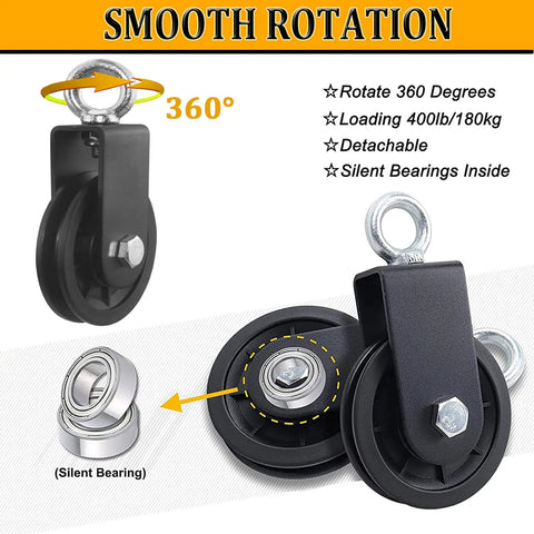 Silent Cable Pulley System With Detachable Rotation Wheel LAT Traction Block For DIY Home Lifts, Clothesline And Shop Hoists, Heavy Duty Bearings, Easy Install 3.54 Inch Wheel, 360° rotating pulley with silent bearing